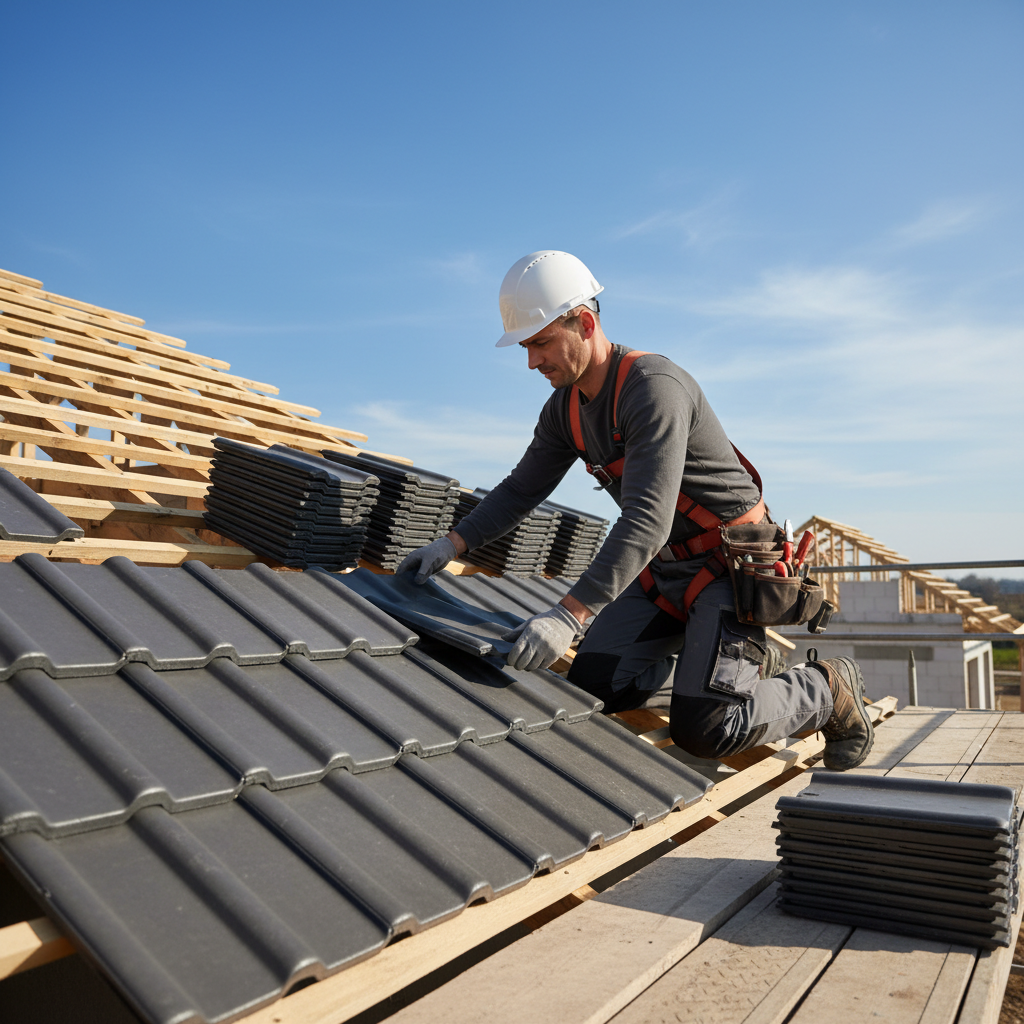 Profesjonalny dekarz w kasku i odzieży roboczej, starannie układa antracytową dachówkę na konstrukcji dachu nowo budowanego domu, w tle błękitne niebo. Ujęcie podkreśla fachowość i precyzję montażu.