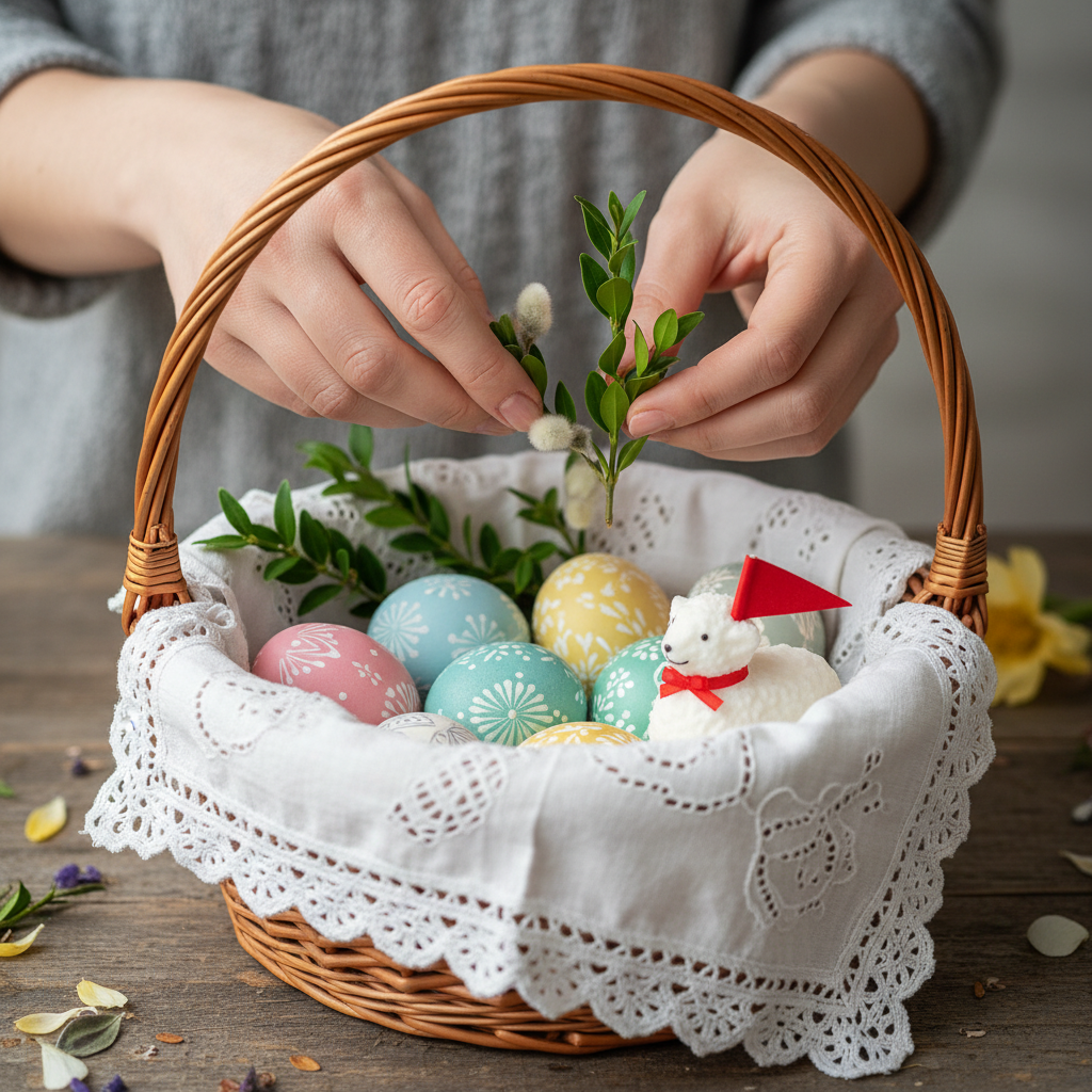 Zbliżenie na dłonie kobiety, która starannie układa w wiklinowym koszyku gałązki świeżego bukszpanu i białe bazie. W koszyku, na białej, koronkowej serwecie, widać już ułożone kolorowe pisanki i cukrowego baranka. Całość kompozycji jest estetyczna, naturalna i pełna dbałości o detal.