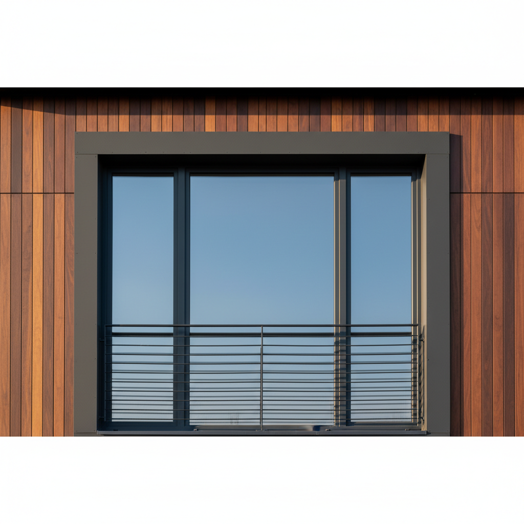 Zbliżenie na fragment nowoczesnej elewacji domu, pokazujące stylowe połączenie paneli z ciemnego, egzotycznego drewna, antracytowej, matowej oprawy dużego okna i minimalistycznej, czarnej stalowej balustrady balkonu. Poranne słońce delikatnie oświetla zróżnicowane tekstury materiałów, tworząc grę światła i cienia.