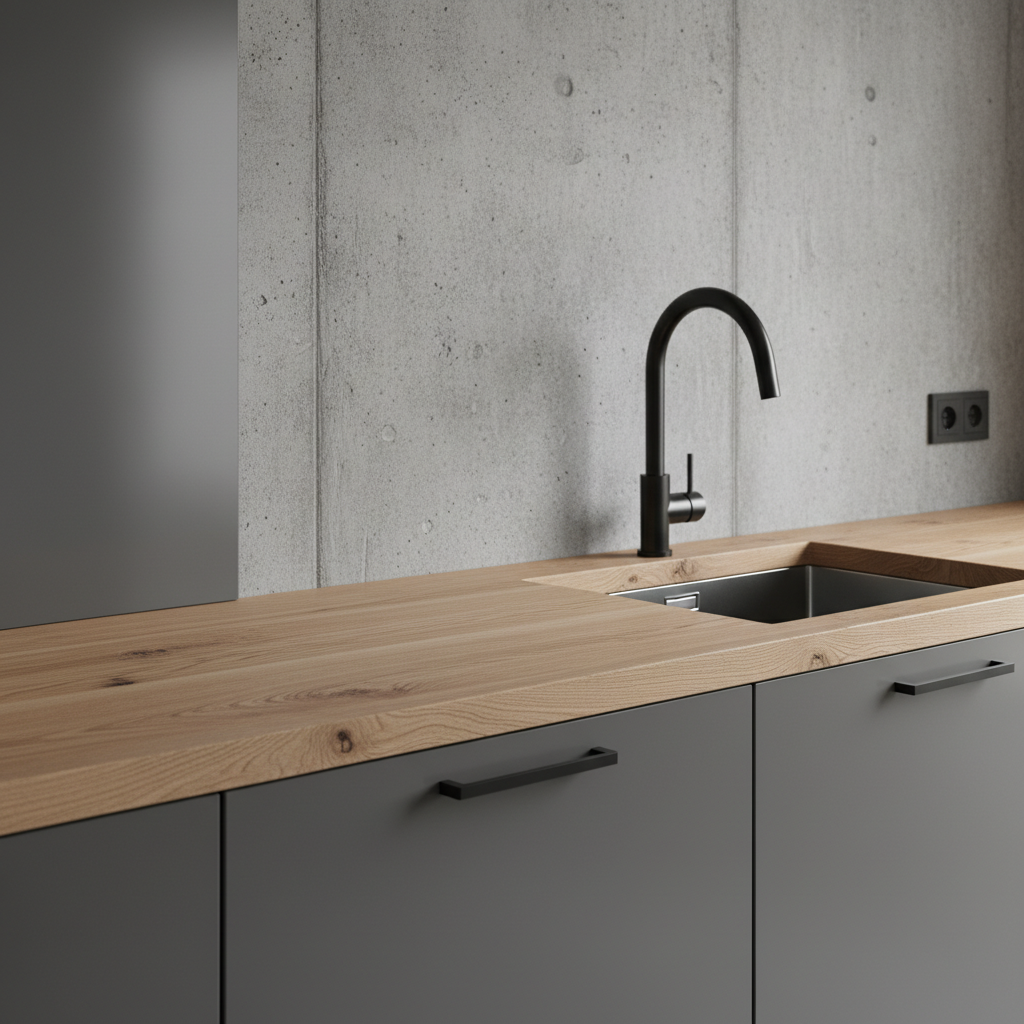 Zbliżenie na fragment nowoczesnej kuchni, gdzie spotykają się różne faktury: gładki, grafitowy front szafki, blat z jasnego drewna z widocznym usłojeniem oraz fragment ściany z surowego betonu architektonicznego.