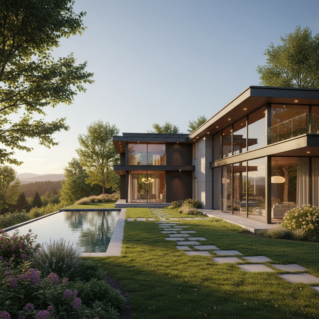 Piękny, nowoczesny dom jednorodzinny z dużymi przeszkleniami, otoczony zadbanym, zielonym ogrodem w słoneczny dzień. Ciepłe, zachęcające oświetlenie wnętrza widoczne z zewnątrz. Obraz ma charakter aspiracyjny i inspirujący.