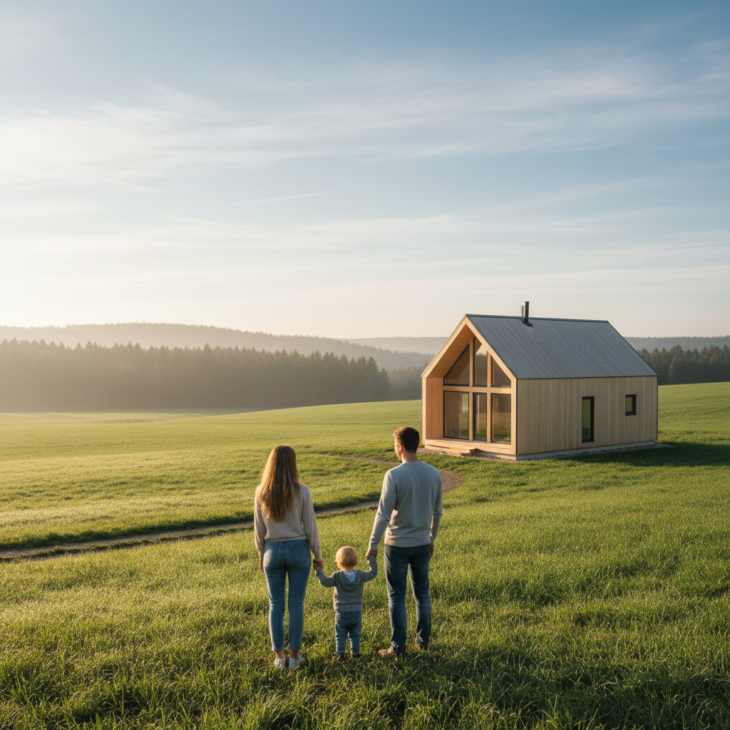 Ciepłe, poranne światło słońca oświetla nowo wybudowany, prosty, nowoczesny dom o dwuspadowym dachu, stojący na tle zielonych pól. W oddali widać zarys lasu. Na pierwszym planie młoda para z małym dzieckiem patrzy z nadzieją na swój dom, symbolizując marzenie o własnym miejscu na ziemi.