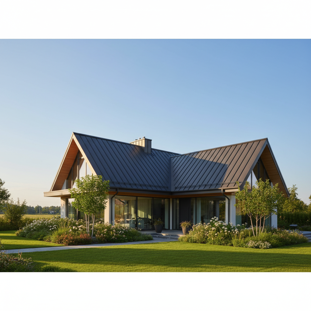 Zdjęcie pięknego, nowoczesnego domu jednorodzinnego z dachem dwuspadowym pokrytym ciemną blachą na rąbek stojący. Słońce delikatnie oświetla budynek, podkreślając czyste linie i perfekcyjne wykończenie dachu, w tym widoczne obróbki blacharskie wokół komina i na krawędziach. W tle zadbany ogród i błękitne niebo.