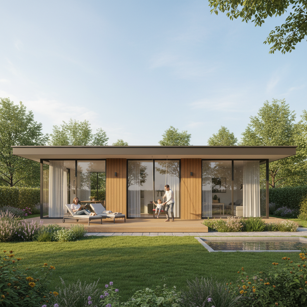 Fotorealistyczny obraz nowoczesnego, parterowego domu z dużymi przeszkleniami i drewnianymi elementami elewacji. Przed domem znajduje się zadbany ogród z tarasem, na którym relaksuje się młoda rodzina w słoneczne popołudnie. Scena emanuje spokojem, ciepłem i poczuciem spełnionego marzenia o własnym domu.