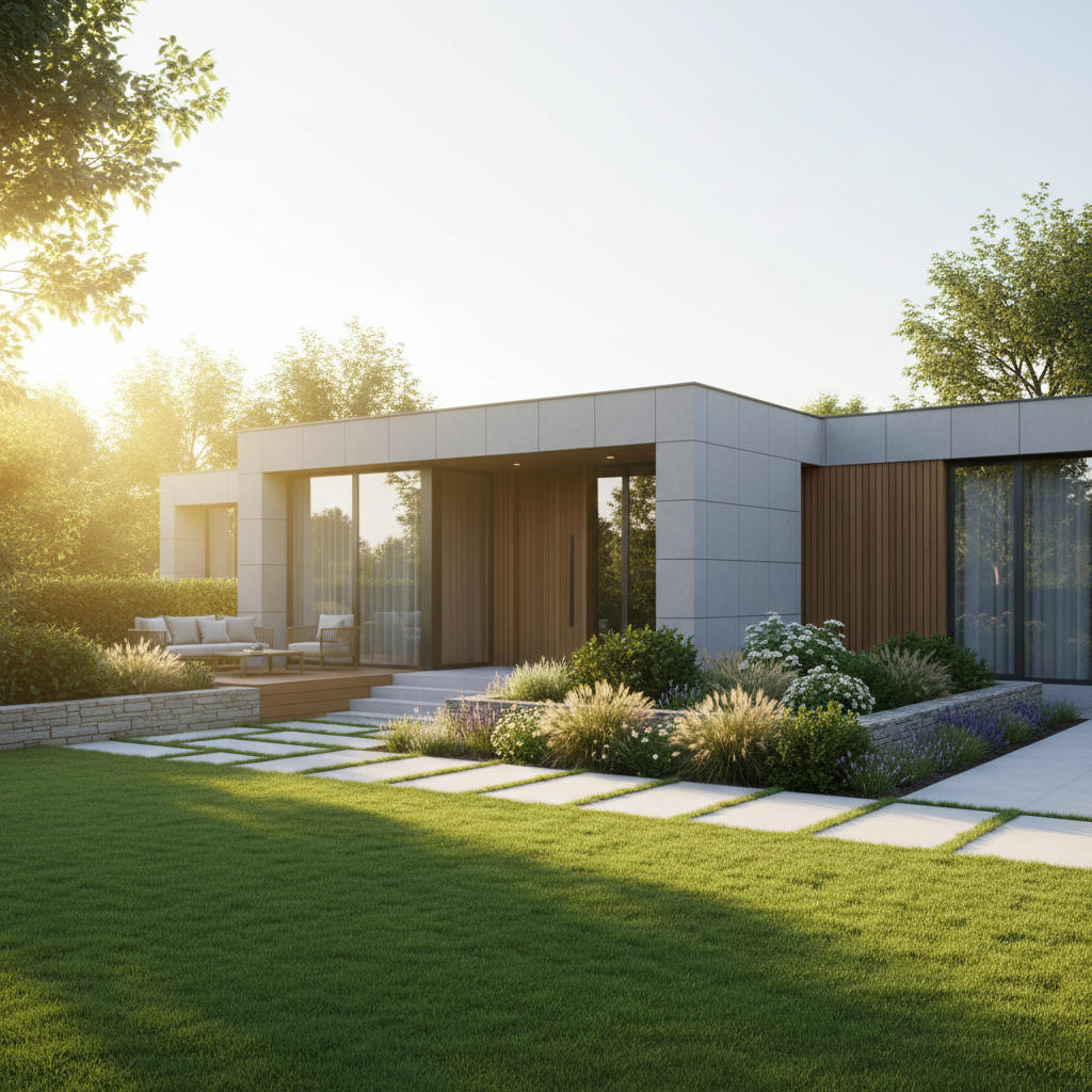 Fotorealistyczne zdjęcie nowoczesnego domu jednorodzinnego z zadbanym ogrodem, skąpanego w ciepłym świetle porannego słońca. Na pierwszym planie widać fragment trawnika i estetyczną ścieżkę prowadzącą do drzwi wejściowych. Obraz ma budzić poczucie bezpieczeństwa, spokoju i dumy z posiadania własnego miejsca.