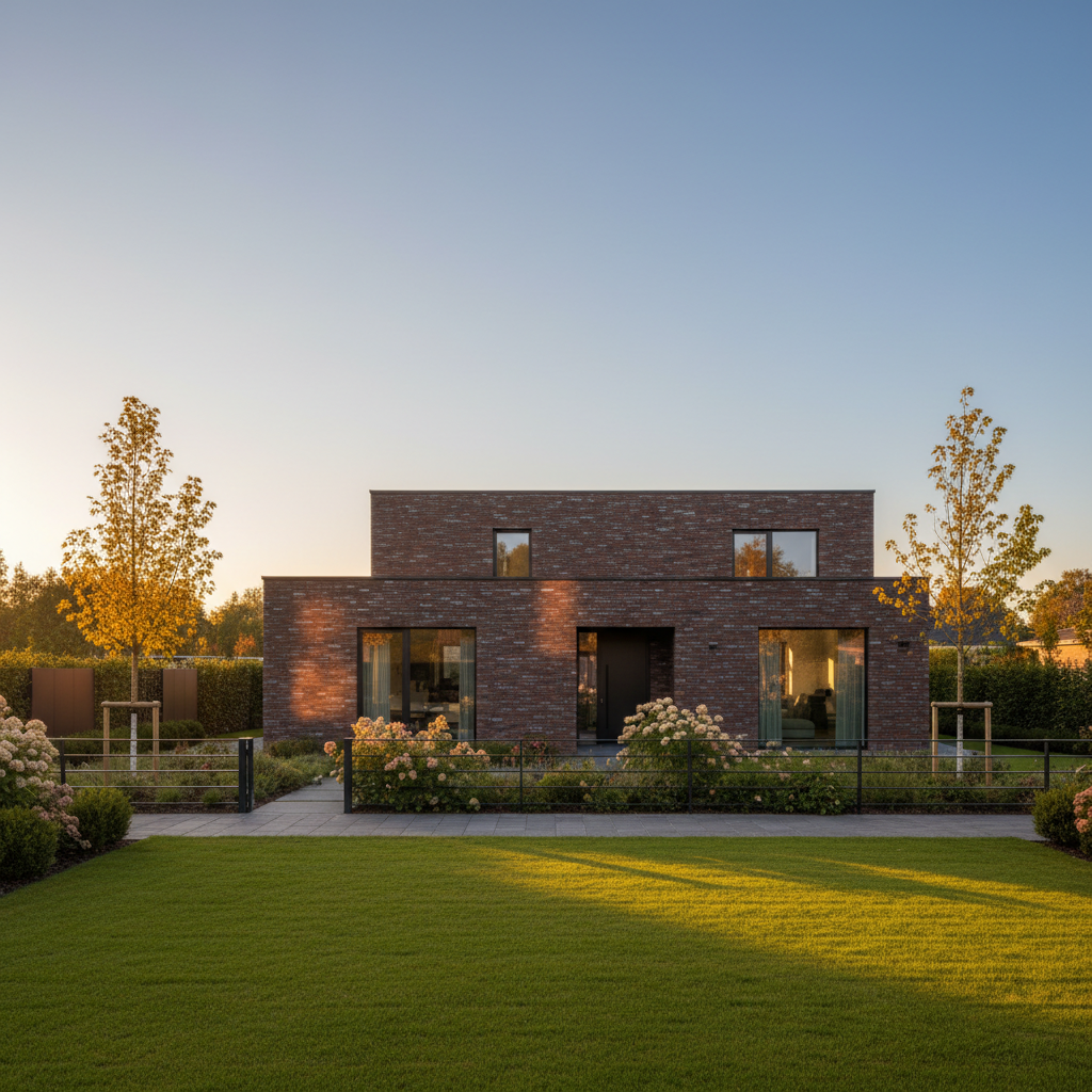 Piękny, nowoczesny dom jednorodzinny z elewacją wykonaną z eleganckiej, ciemnoczerwonej cegły klinkierowej. Budynek otoczony jest zadbanym ogrodem. Słońce zachodzi, rzucając ciepłe, złote światło na fasadę, podkreślając jej trójwymiarową strukturę i szlachetność materiału. Czyste niebo.