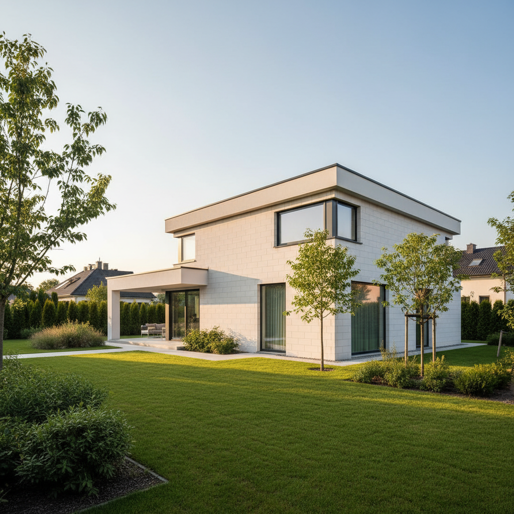 Nowoczesny dom jednorodzinny o prostej, eleganckiej bryle, z jasną elewacją, zbudowany z widocznych pod tynkiem bloczków silikatowych. Budynek otoczony jest zadbanym ogrodem, a całość skąpana jest w ciepłym świetle słonecznego dnia, co podkreśla poczucie bezpieczeństwa i solidności.