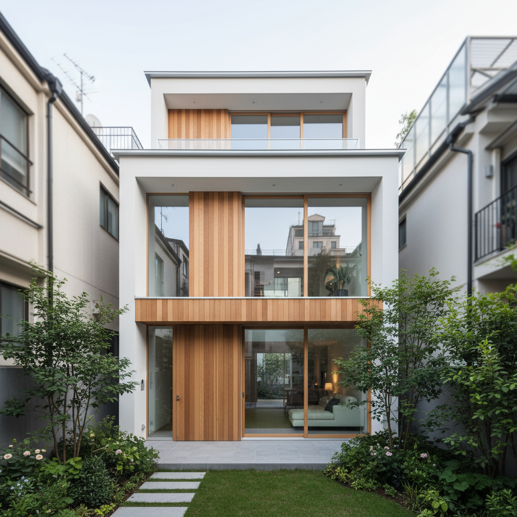 Nowoczesny, dwupiętrowy dom o minimalistycznej bryle, idealnie wkomponowany w wąską, miejską działkę. Elewacja z białego tynku i drewna, duże przeszklenia od strony ogrodu. Dom otoczony jest niewielkim, ale zadbanym ogrodem, co pokazuje, że nawet na ograniczonej przestrzeni można stworzyć piękne i funkcjonalne miejsce do życia.