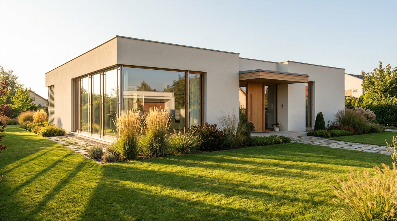Nowoczesny, parterowy dom jednorodzinny z dużymi przeszkleniami i elegancko zaprojektowanym wejściem od strony południowej. Budynek otoczony jest zadbanym ogrodem, a ciepłe, popołudniowe słońce rzuca długie cienie na trawnik, podkreślając harmonię architektury i natury.