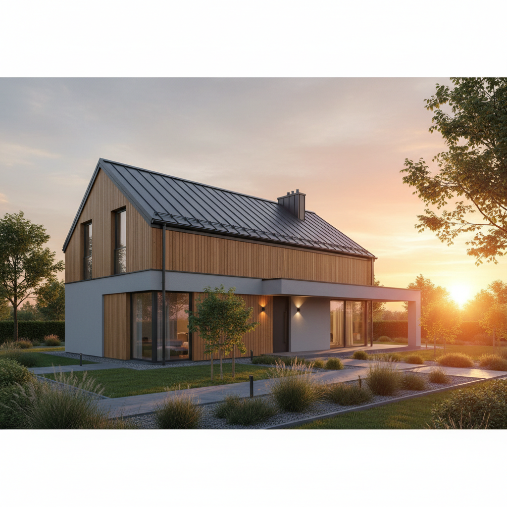 Nowoczesny dom jednorodzinny z antracytowym dachem z blachodachówki, skąpany w ciepłym świetle zachodzącego słońca. Czysta, minimalistyczna architektura, duże okna, zadbany ogród.