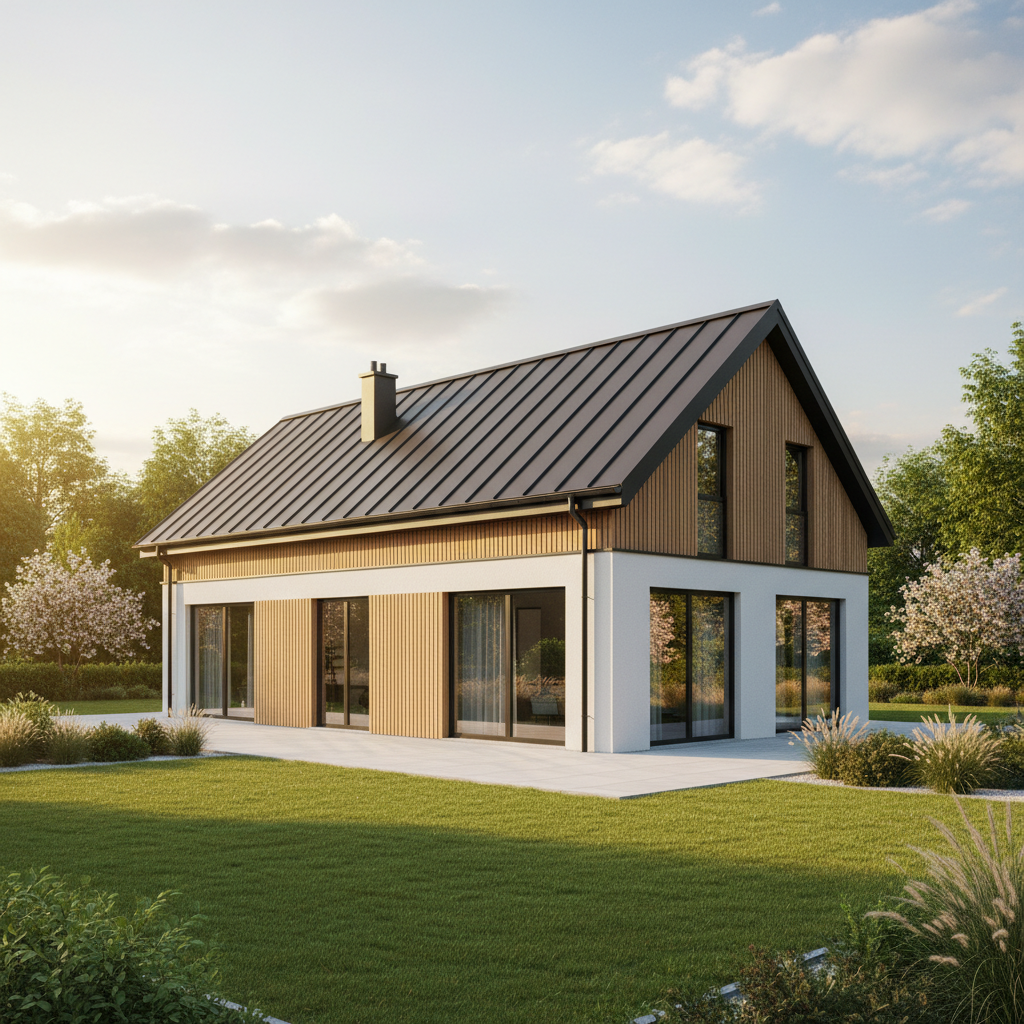 Elegancki, nowoczesny dom jednorodzinny z dwuspadowym dachem, widziany z perspektywy ogrodu. Ścianka kolankowa jest subtelnie podwyższona, co nadaje bryle solidny wygląd, ale nie zaburza jej proporcji. Widać harmonijne połączenie dachu z resztą budynku.