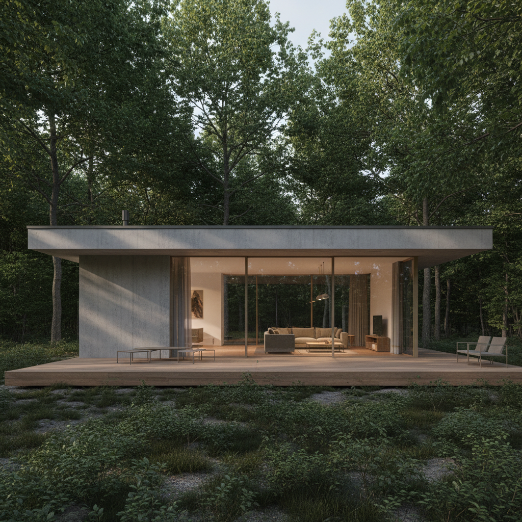 Nowoczesny, parterowy dom z płaskim dachem, usytuowany na skraju lasu. Jedna ze ścian jest w całości przeszklona – ogromne, przesuwne okna panoramiczne otwierają salon na drewniany taras i otaczającą przyrodę. Elewacja wykonana jest z szarego betonu architektonicznego, który kontrastuje z zielenią drzew. Wnętrze domu jest subtelnie oświetlone, co tworzy przytulny nastrój.