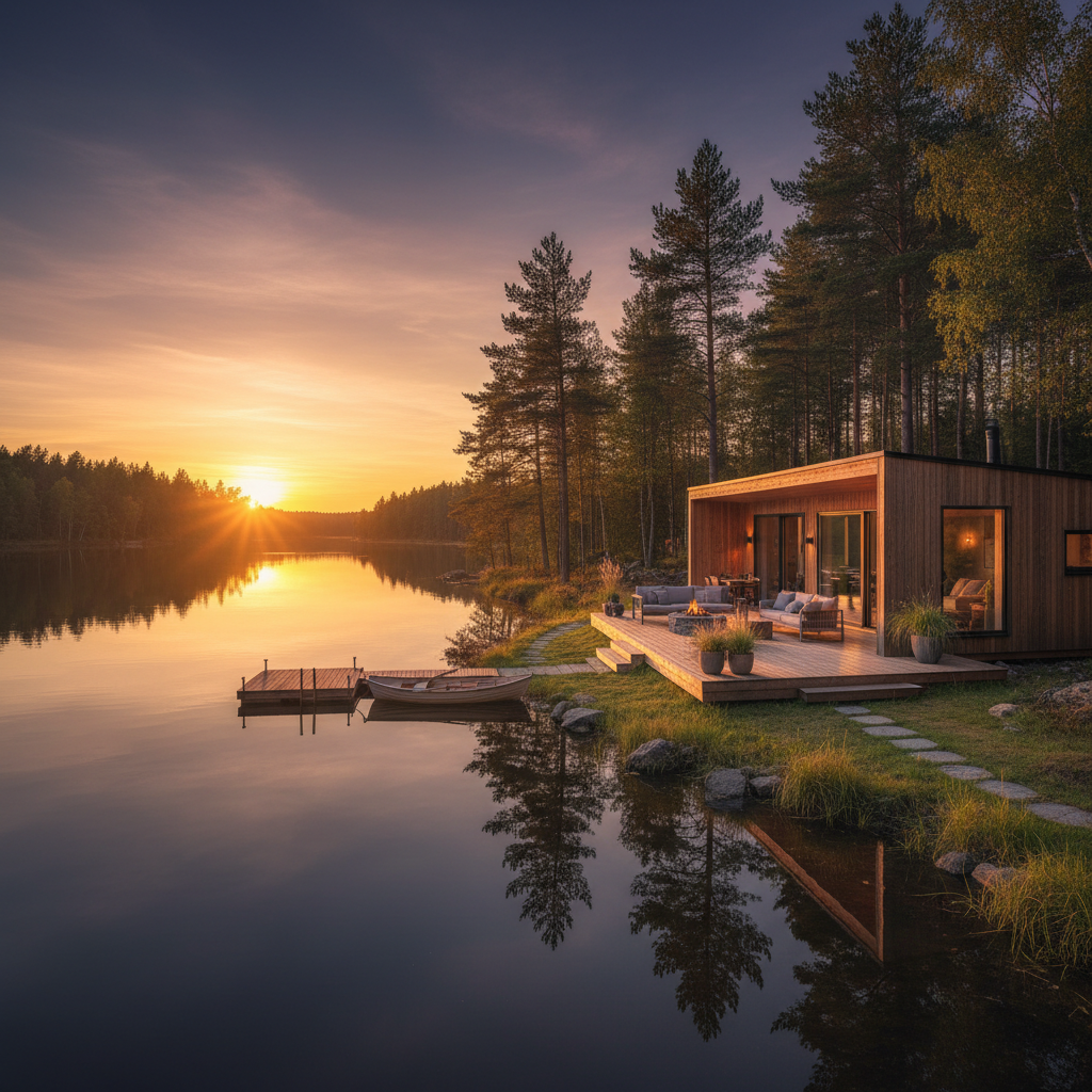 Szerokie ujęcie nowoczesnego, drewnianego domku letniskowego z dużym tarasem, usytuowanego na skraju lasu nad spokojnym jeziorem. Słońce zachodzi, rzucając ciepłe, złote światło. Scena ma idylliczny, spokojny charakter, symbolizujący marzenie o własnym azylu na łonie natury.