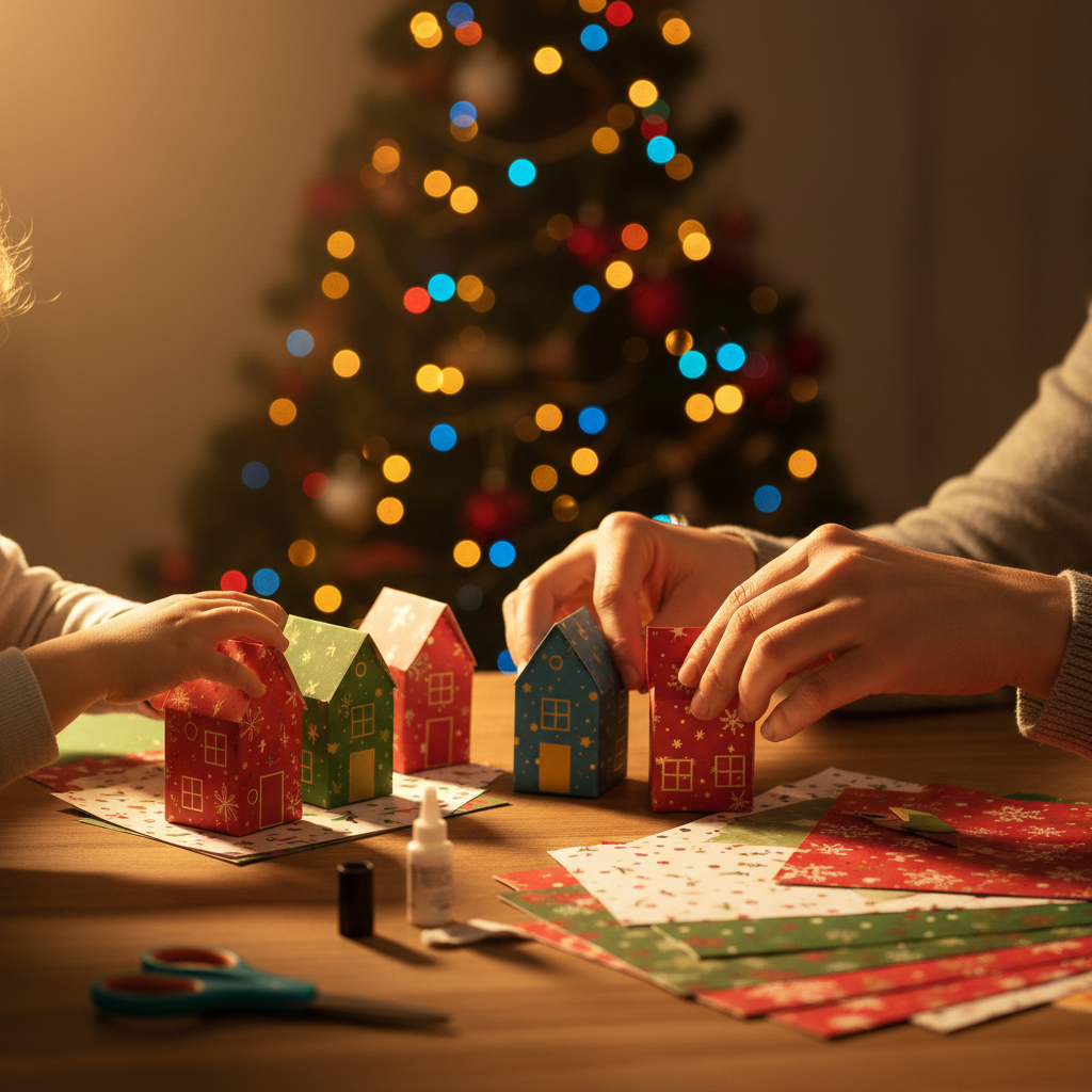 Ręce dziecka i dorosłego wspólnie tworzące papierowe domki na świąteczny kalendarz adwentowy, na stole leżą nożyczki, kolorowy papier i klej. Ciepłe, domowe oświetlenie, w tle widać delikatnie rozmazane lampki choinkowe.