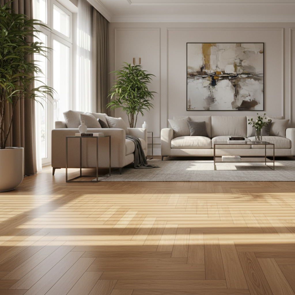 Szeroki kadr eleganckiego salonu, w którym nisko padające światło z okna subtelnie uwypukla poprzeczne prążki na nowej, lakierowanej podłodze z parkietu warstwowego. Efekt powinien być widoczny, ale nie dominujący, aby podkreślić estetyczny problem na pięknej posadzce.