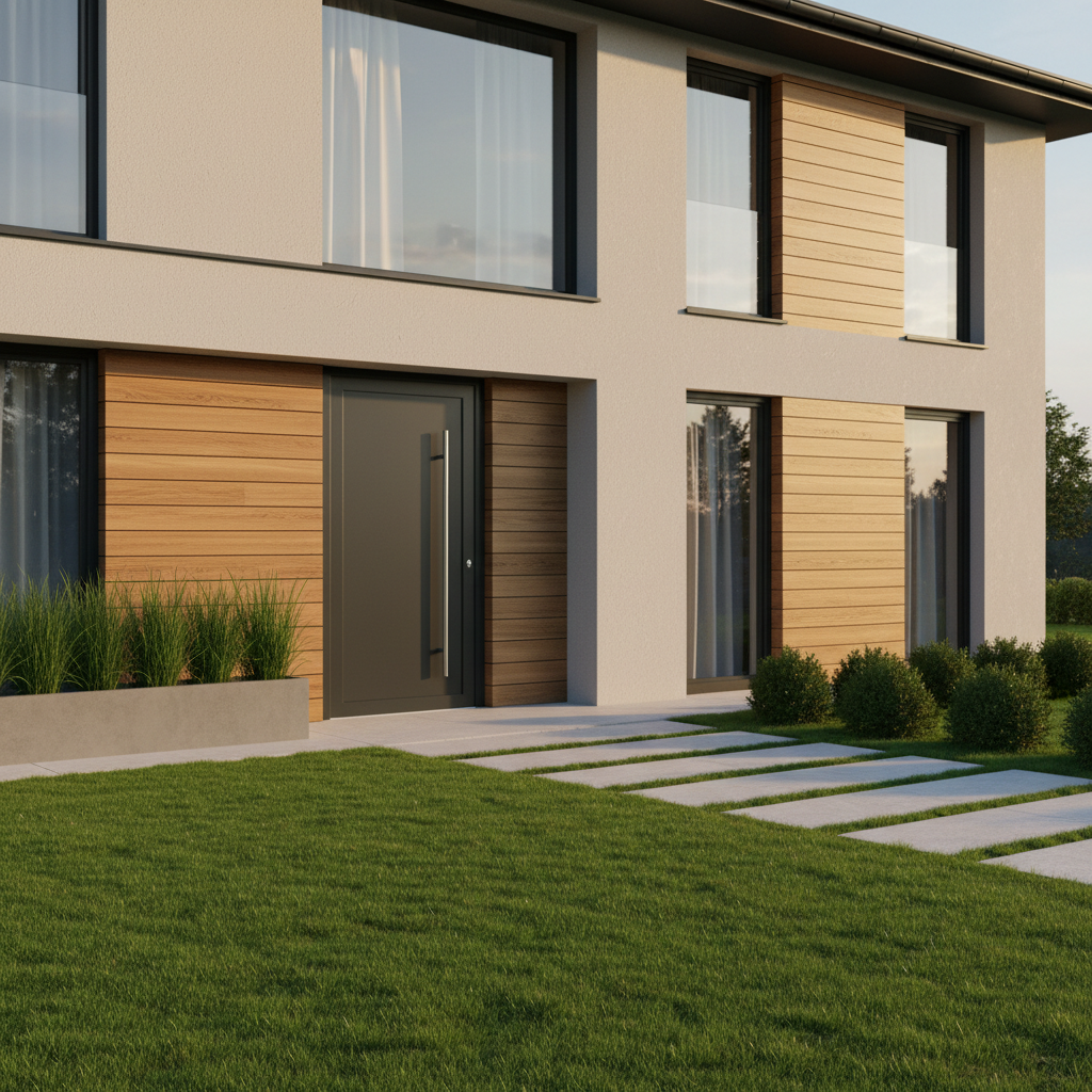 Eleganckie, antracytowe aluminiowe drzwi wejściowe DECO z długim, pionowym pochwytem, stanowiące centralny punkt fasady nowoczesnego domu jednorodzinnego. Budynek ma jasną elewację z elementami drewna i dużymi przeszkleniami. Otoczenie jest zadbane, z zielonym trawnikiem i minimalistycznymi nasadzeniami. Zdjęcie wykonane w ciepłym, popołudniowym świetle, podkreślającym luksusowy charakter wejścia.