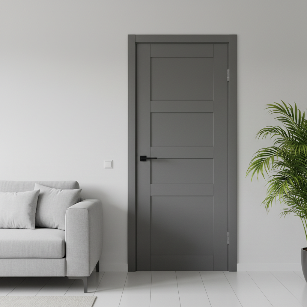 Jasne, stylowe wnętrze salonu z centralnie umieszczonymi, świeżo odmalowanymi na grafitowy kolor drzwiami wewnętrznymi. Drzwi mają nowoczesne, proste tłoczenia i elegancką, czarną klamkę. W tle widać fragment minimalistycznej kanapy i zieloną roślinę doniczkową, co tworzy ciepłą, domową atmosferę. Światło jest naturalne i miękkie.
