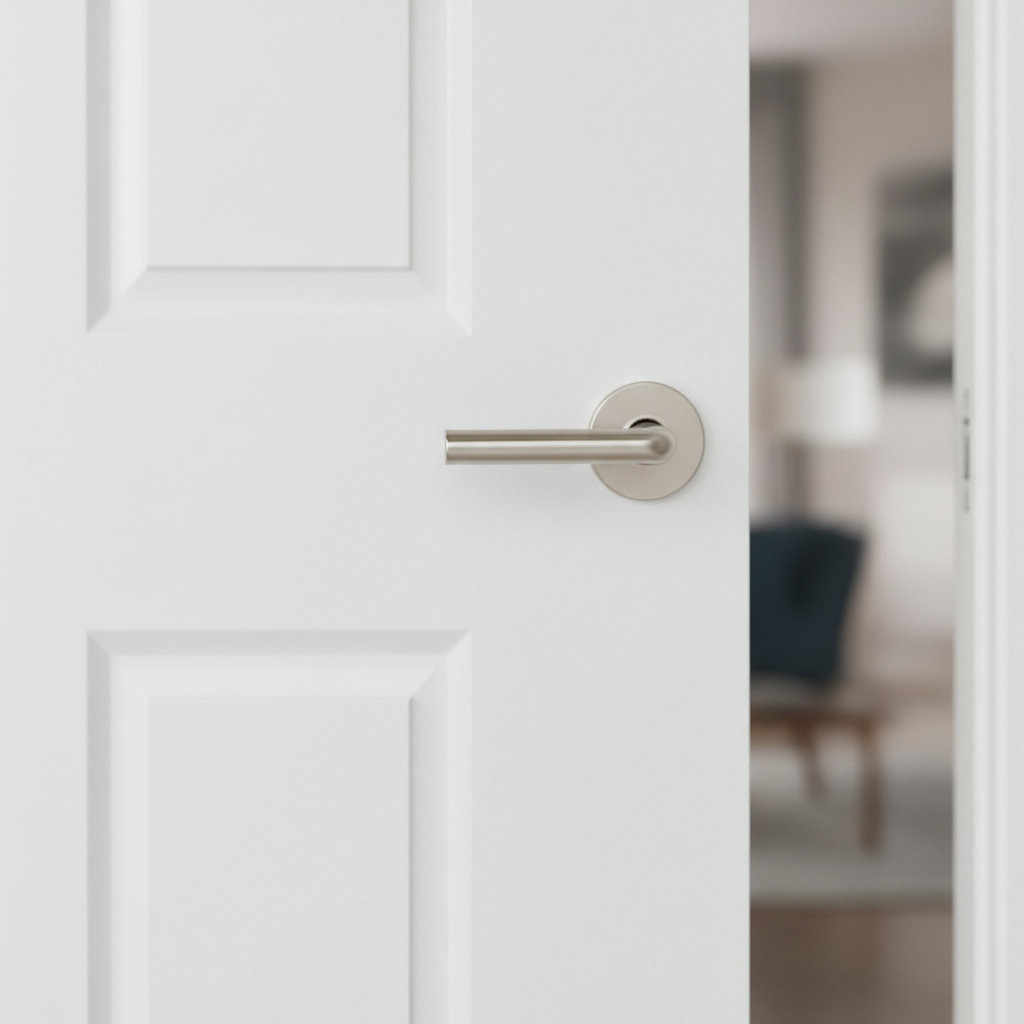 Zbliżenie na fragment białych drzwi z płyty HDF, pokazujące idealnie gładką powierzchnię i subtelne, eleganckie tłoczenie. Na drzwiach zamontowana jest prosta, srebrna klamka. Tło jest delikatnie rozmyte, skupiając uwagę na fakturze i czystości drzwi.