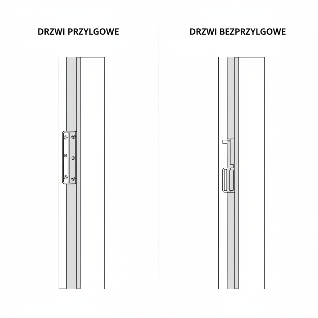 Grafika w stylu minimalistycznego rysunku technicznego, podzielona na dwie części. Po lewej stronie zbliżenie na krawędź zamkniętych drzwi przylgowych, z wyraźnie zaznaczonym rantem (przylgą) nachodzącym na ościeżnicę i widocznym zawiasem. Po prawej stronie analogiczne zbliżenie na drzwi bezprzylgowe, pokazujące idealnie gładką, zlicowaną powierzchnię skrzydła i ościeżnicy, z ukrytym zawiasem.