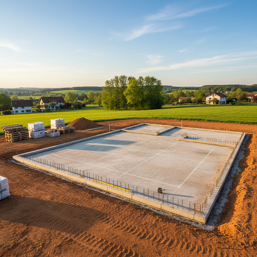 Działka budowlana w słoneczny dzień, z wytyczonymi fundamentami i pierwszymi materiałami budowlanymi. W tle widać spokojną, zieloną okolicę. Obraz ma symbolizować początek realizacji marzeń i wagę prawidłowego przygotowania terenu.