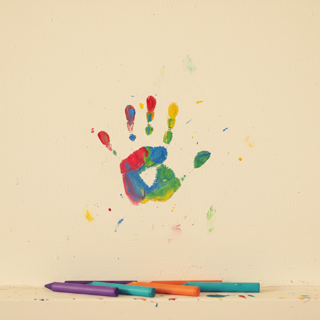 Zbliżenie na jasną, beżową ścianę, na której widoczny jest kolorowy, dziecięcy odcisk dłoni zrobiony farbkami. Obok dłoni leży kilka kredek. Kadr jest ciepły i nieco nostalgiczny, doskonale ilustrując typowy problem w domach z małymi dziećmi, który rozwiązują farby zmywalne.