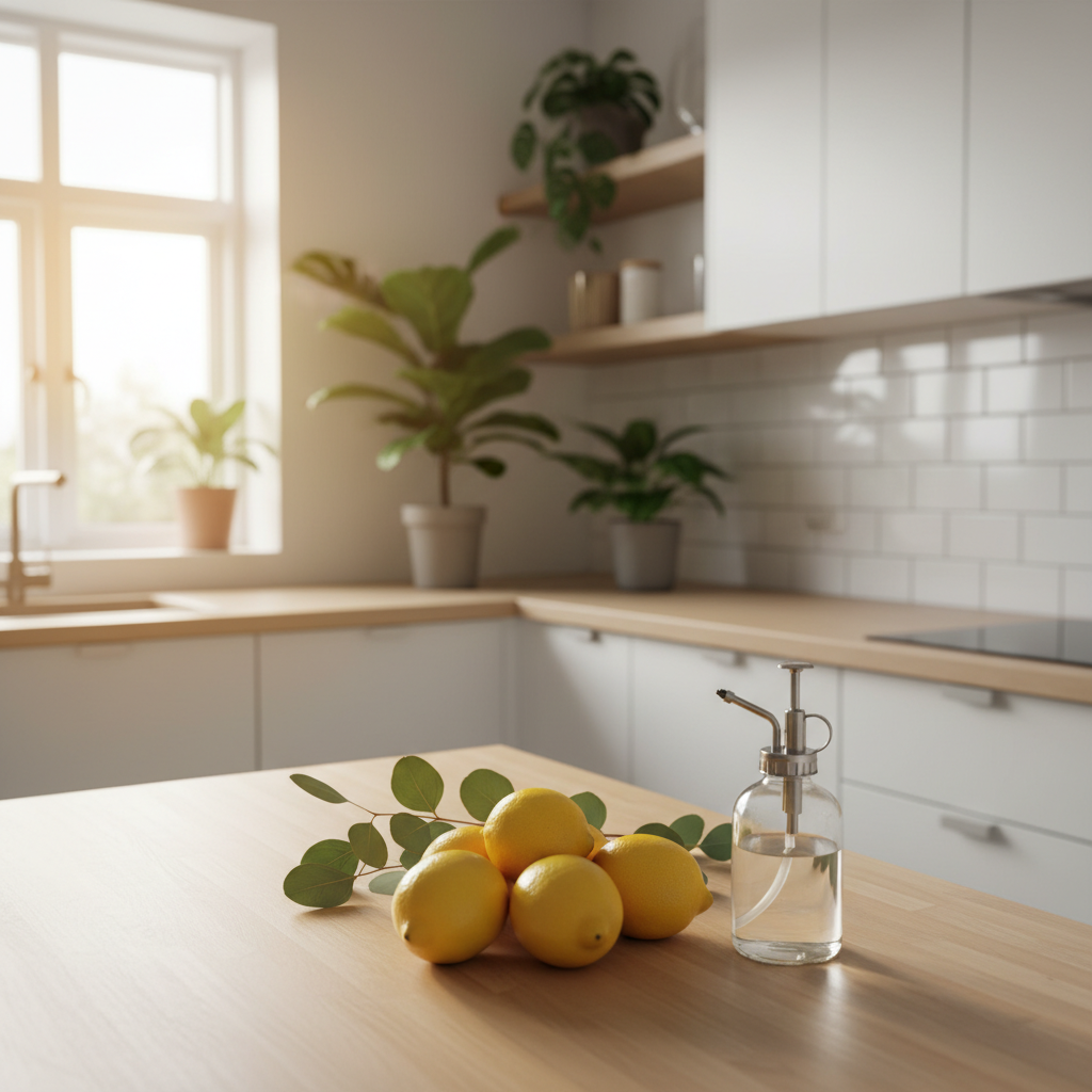Jasna, nowoczesna kuchnia skąpana w porannym słońcu. Na drewnianym blacie leżą świeże cytryny, gałązka eukaliptusa i szklana butelka z atomizerem wypełniona przezroczystym płynem. W tle widać zadbane rośliny doniczkowe. Estetyka minimalistyczna, ciepła i naturalna.