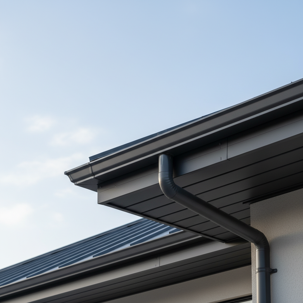 Czyste, minimalistyczne ujęcie krawędzi dachu z idealnie dopasowanym pasem nadrynnowym i podrynnowym w kolorze grafitowym, które płynnie przechodzą w system rynnowy. Kadr podkreśla precyzję wykonania i estetyczny, nowoczesny wygląd wykończenia dachu.