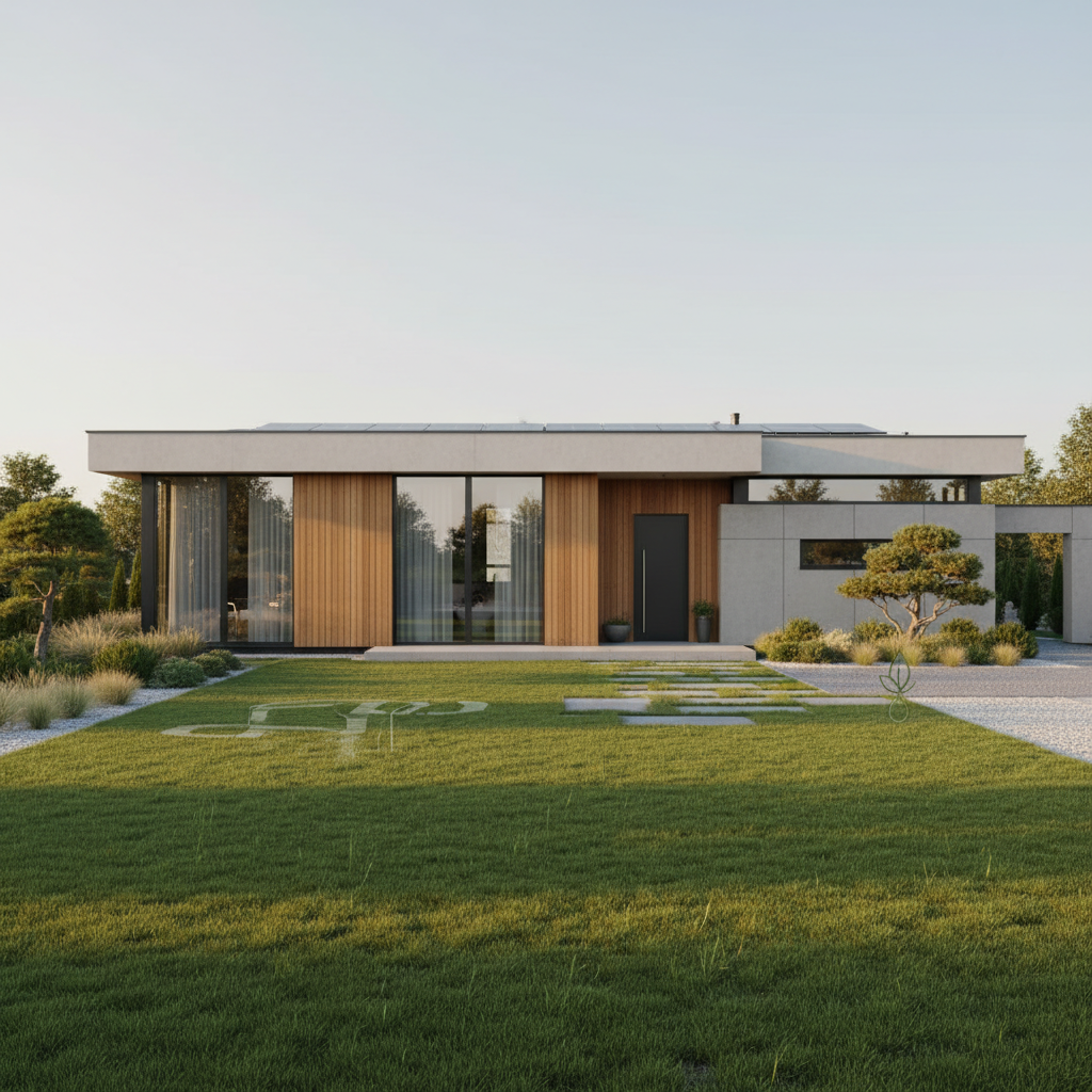 Nowoczesny dom jednorodzinny z dużymi przeszkleniami, otoczony idealnie zielonym, zadbanym trawnikiem i minimalistycznymi nasadzeniami. Scena skąpana w ciepłym, popołudniowym słońcu, co tworzy wrażenie czystości, spokoju i ekologicznej harmonii. Obraz ma sugerować, że zaawansowane, niewidoczne technologie, takie jak przydomowa oczyszczalnia ścieków, przyczyniają się do komfortu i dbałości o środowisko.