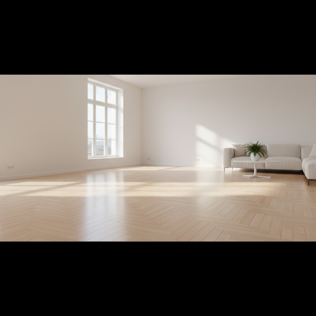 Szerokie ujęcie pięknego, nowo położonego parkietu drewnianego w jasnym, minimalistycznym salonie. Słońce wpada przez duże okno, tworząc miękkie, ciepłe refleksy na idealnie gładkiej, lakierowanej powierzchni podłogi, podkreślając naturalne usłojenie drewna bez żadnych wad.