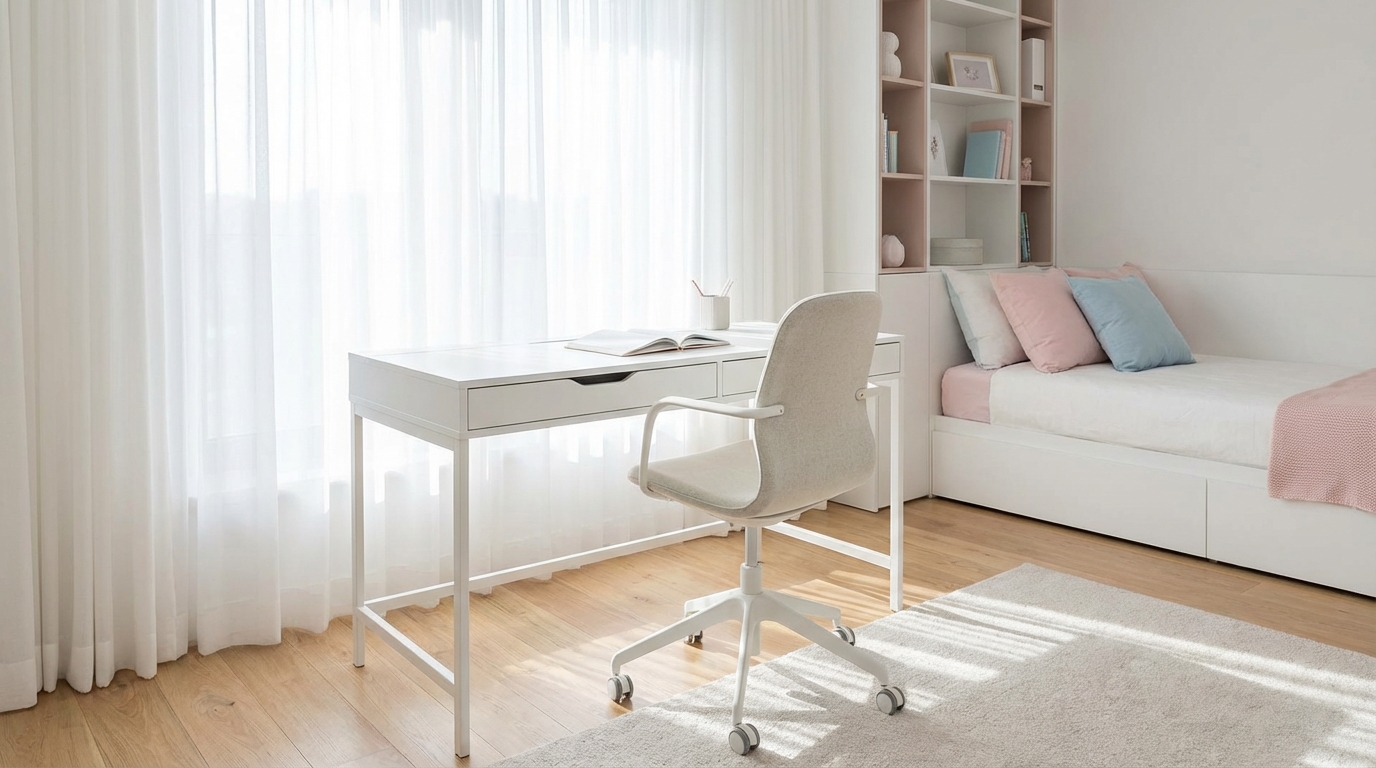 Szerokie ujęcie jasnego, przestronnego pokoju dziewczynki. W centrum znajduje się białe, minimalistyczne biurko z ergonomicznym krzesłem, na którym leży otwarty zeszyt. Za biurkiem jest okno z delikatnymi, białymi zasłonami. W tle widać fragment łóżka z pastelowymi poduszkami oraz stylową półkę na książki. Dominują kolory bieli, z subtelnymi akcentami pudrowego różu i błękitu. Wnętrze jest harmonijne, pełne światła i emanuje spokojem, idealnie łącząc strefę nauki i relaksu.