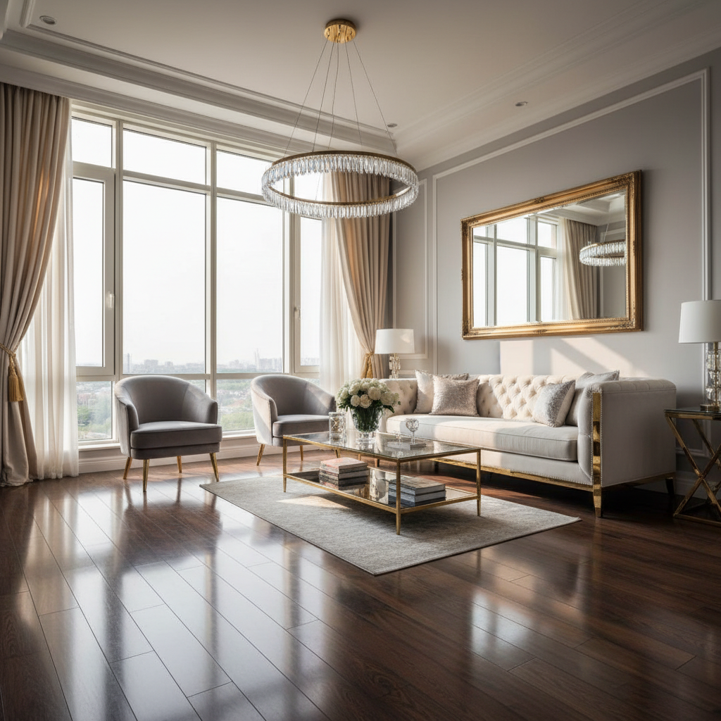 Elegancki salon w stylu glamour z dużymi oknami, przez które wpada naturalne światło. Na podłodze leżą panele o wysokim połysku w kolorze ciemnego drewna, w których odbija się światło i fragment luksusowej, białej sofy. Całość tworzy wrażenie przestronności i luksusu.