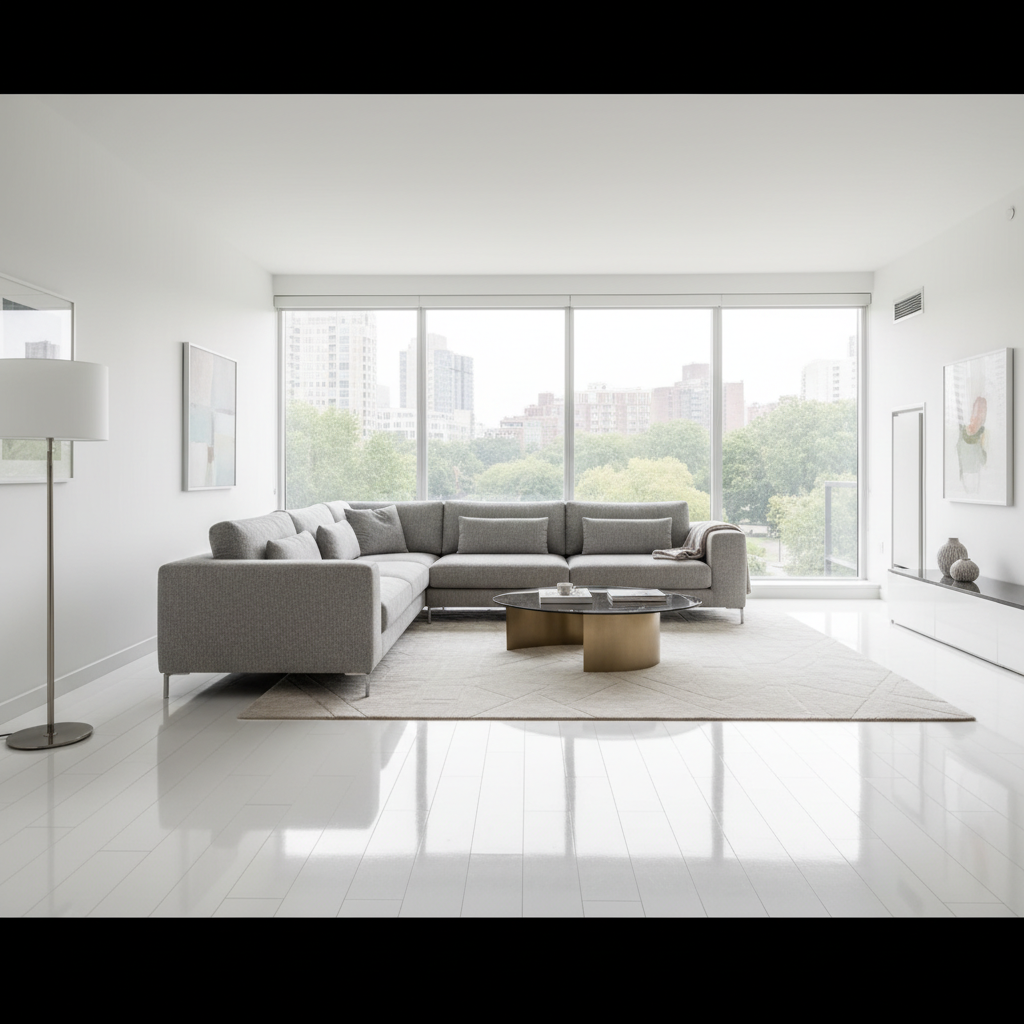 Szerokie ujęcie nowoczesnego, minimalistycznego salonu z dużą, szarą sofą i designerskim stolikiem kawowym. Głównym punktem jest lśniąca, biała podłoga z paneli laminowanych o wysokim połysku, w której delikatnie odbija się światło wpadające przez duże okna od podłogi do sufitu. Wnętrze jest jasne, przestronne i eleganckie.