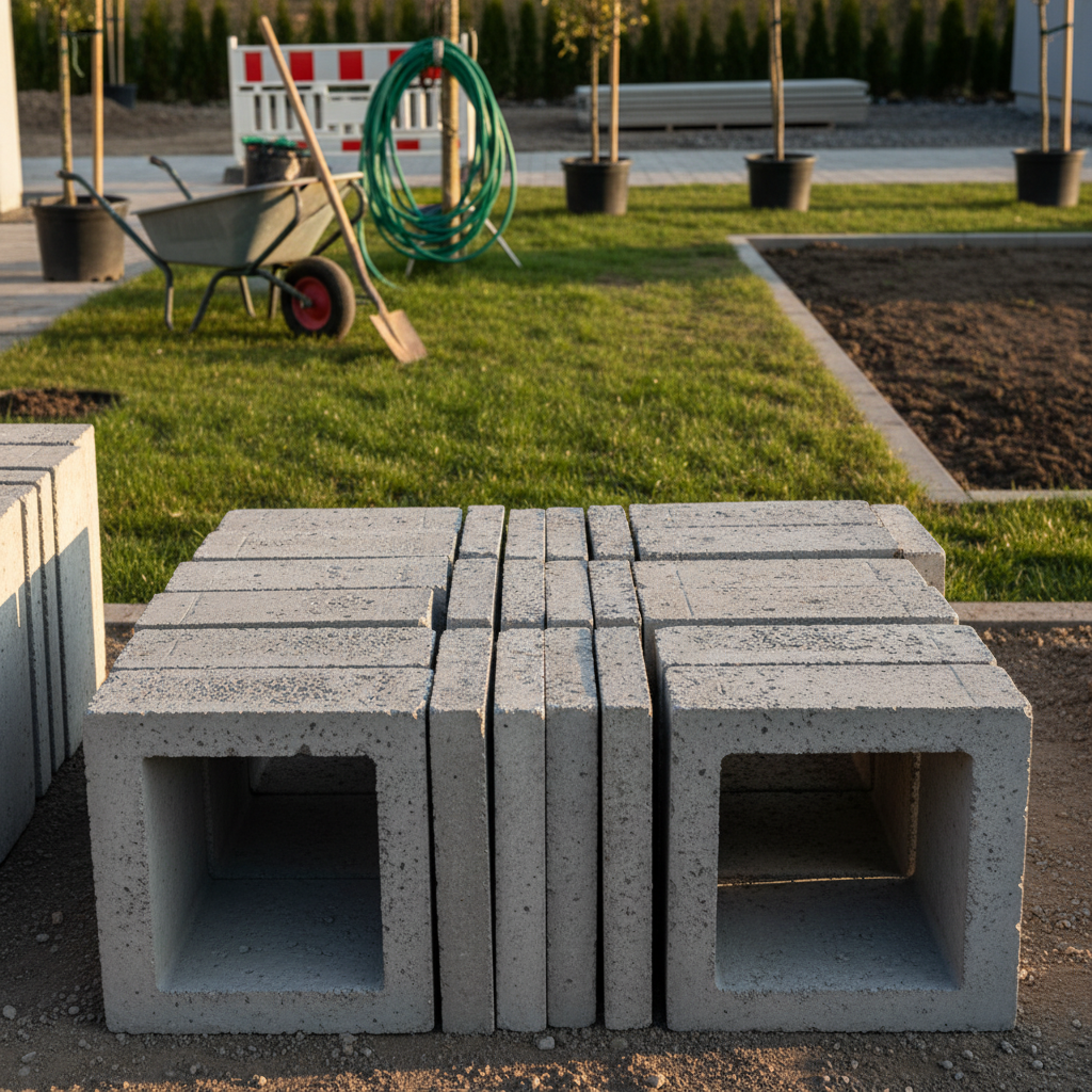 Estetyczne ujęcie kilku betonowych elementów L-ka ułożonych schludnie na placu budowy lub w ogrodzie. Światło podkreśla surową teksturę betonu. W tle widać fragment przygotowanego pod budowę terenu z trawą i narzędziami ogrodniczymi, co sugeruje początek prac.