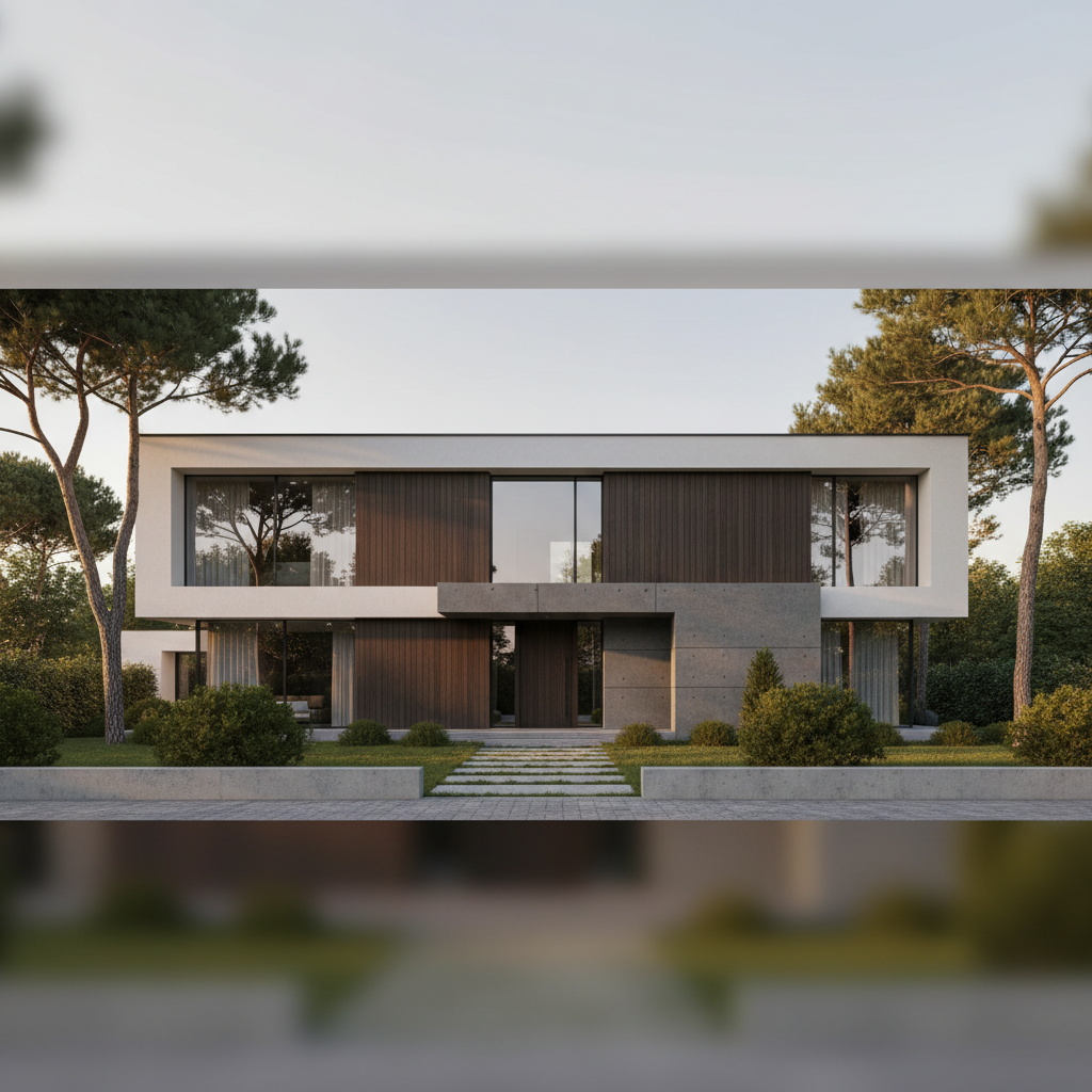 Szerokie ujęcie minimalistycznego, dwupiętrowego domu o prostej bryle. Elewacja łączy biały tynk z dużymi panelami z ciemnego drewna i wstawkami z grafitowego betonu architektonicznego. Ogromne, panoramiczne okna odbijają otaczający dom zadbany ogród z kilkoma sosnami. Całość skąpana jest w miękkim świetle zachodzącego słońca, co podkreśla luksusowy i spokojny charakter posiadłości.