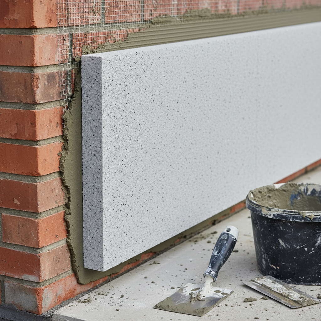 Zbliżenie na przekrój ściany zewnętrznej w trakcie prac ociepleniowych metodą ETICS. Widoczne są poszczególne warstwy: mur, warstwa kleju, gruba płyta szarego styropianu grafitowego, a na niej częściowo nałożona warstwa zbrojona z widoczną siatką z włókna szklanego. Obok leżą narzędzia pracy: paca i wiadro z zaprawą. Ujęcie jest czyste, techniczne, ale estetyczne, wykonane w naturalnym, dziennym świetle.