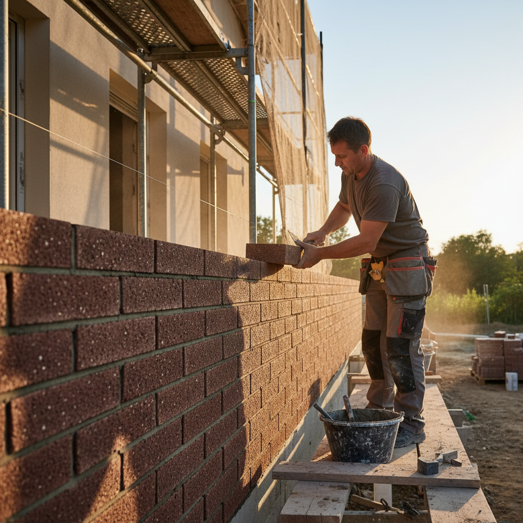 Profesjonalny murarz starannie układa cegły klinkierowe w odcieniu burgundowym na nowo budowanej ścianie domu jednorodzinnego. W tle widać rusztowanie i częściowo ukończoną elewację. Murarz używa kielni do nakładania zaprawy. Słońce oświetla scenę, podkreślając teksturę cegieł.