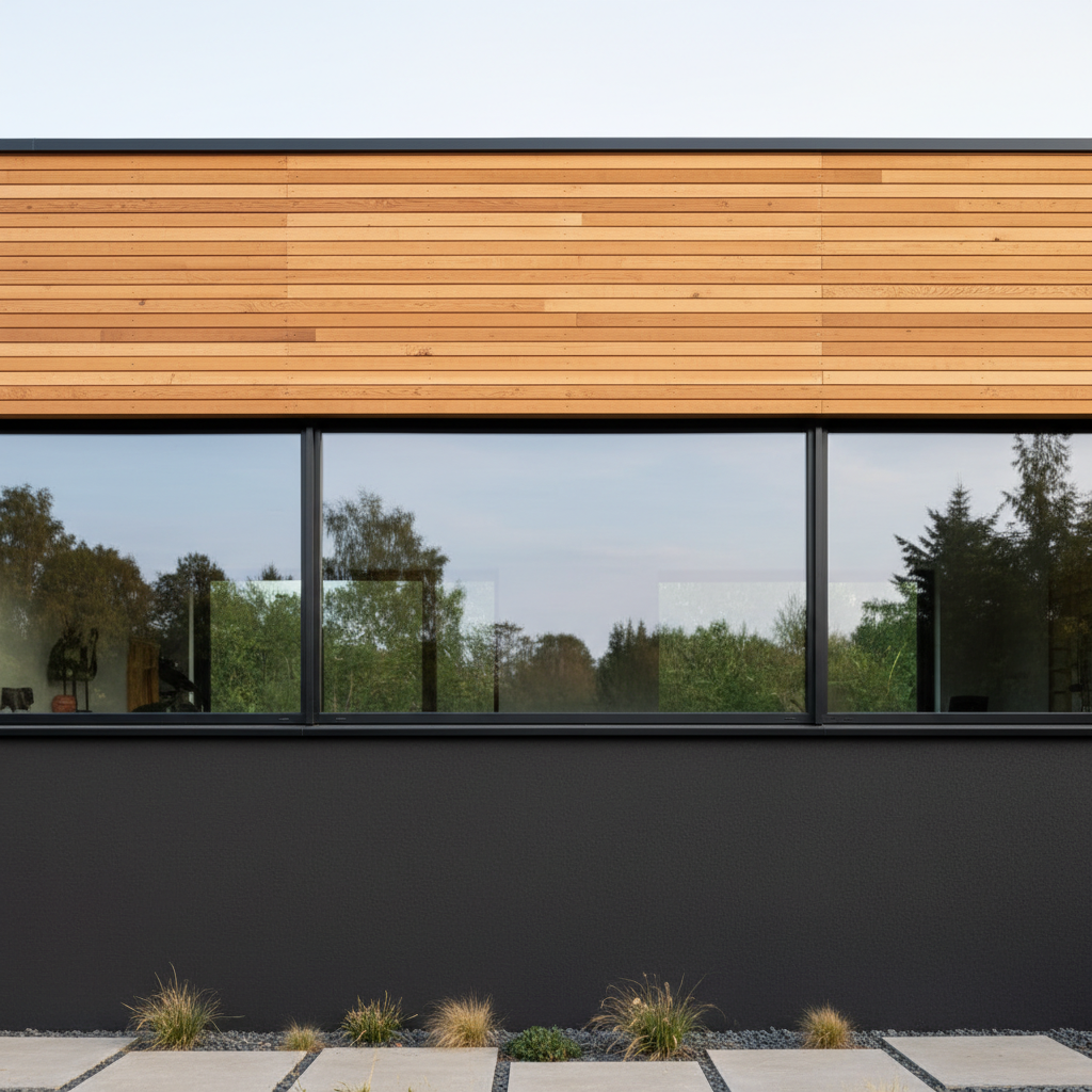 Fragment nowoczesnego domu, gdzie ciepłe, poziome deski elewacyjne z drewna modrzewiowego spotykają się z gładką, ciemnoszarą, niemal czarną ścianą tynkowaną. Na styku materiałów znajduje się duże, panoramiczne okno w czarnej ramie.