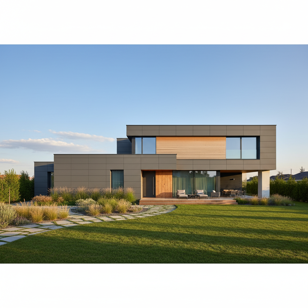 Szerokie ujęcie nowoczesnego domu jednorodzinnego o prostej bryle, skąpanego w ciepłym świetle popołudniowego słońca. Elewacja jest w dwóch odcieniach szarości z akcentami naturalnego drewna. Wokół domu zadbany ogród i błękitne niebo z kilkoma chmurami. Zdjęcie ma charakter aspiracyjny i estetyczny.