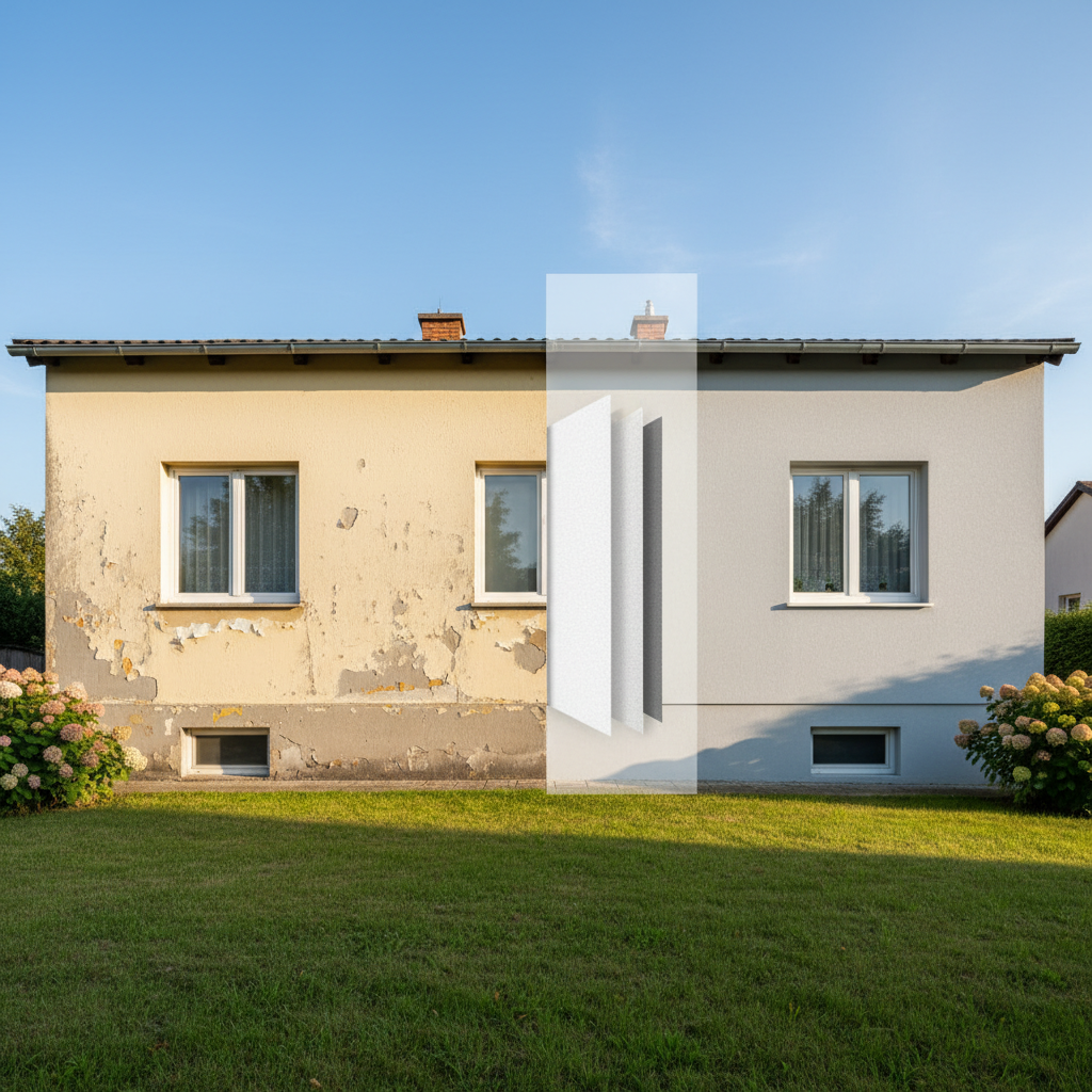 Fotorealistyczny obraz domu jednorodzinnego, którego elewacja jest w połowie odnowiona. Jedna strona pokazuje starą, lekko wyblakłą i cienką warstwę ocieplenia z lat 90. Druga, nowa część, jest pokryta świeżym, estetycznym tynkiem, a przekrój ściany subtelnie ukazuje dwie warstwy izolacji, sugerując nowoczesną termomodernizację. Całość w słoneczny dzień, co podkreśla efekt nowości i inwestycji w komfort.
