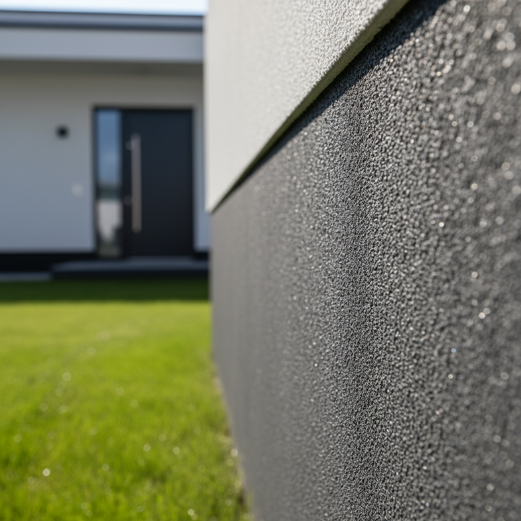 Zbliżenie na fragment nowoczesnej elewacji domu jednorodzinnego. Dolna część ściany, przy cokole, jest pokryta tynkiem kwarcowym Francesco Guardi w odcieniu grafitu z linii Extreme. Słońce pada pod kątem, podkreślając ziarnistą fakturę i subtelne, srebrzyste refleksy kruszywa. W tle widać zadbany trawnik i fragment nowoczesnych drzwi wejściowych.