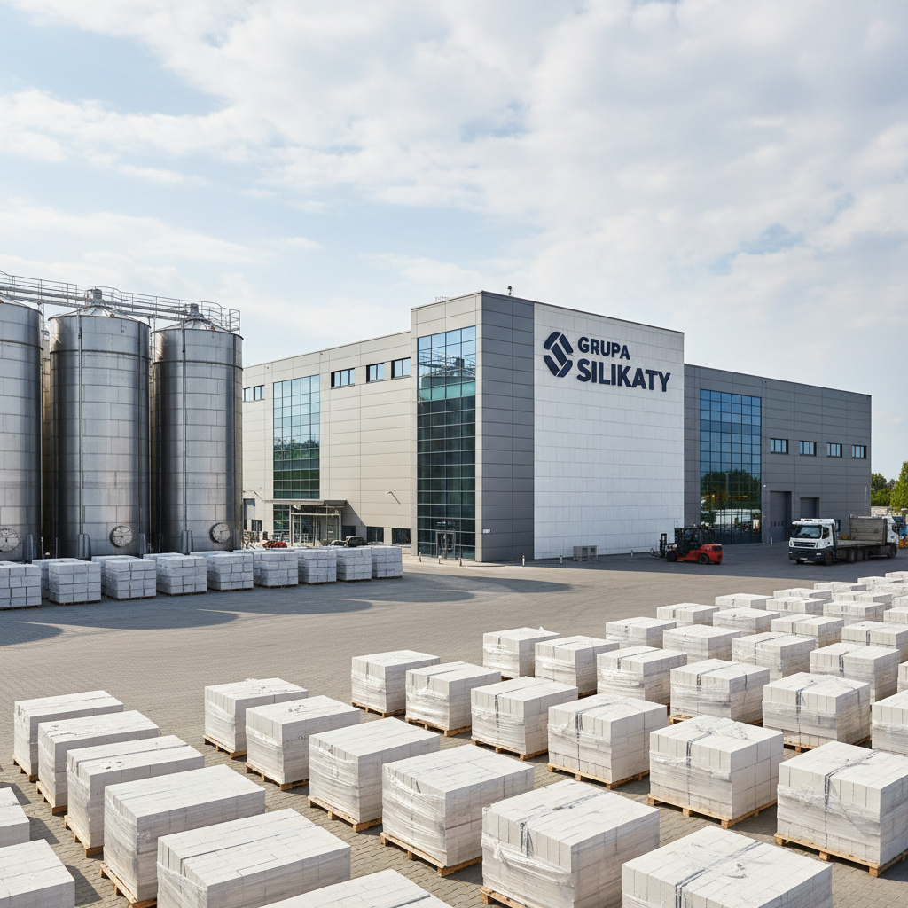 Nowoczesny zakład produkcyjny Grupy SILIKATY z zewnątrz, z widocznymi silosami i estetycznie ułożonymi na placu paletami z gotowymi, białymi bloczkami silikatowymi, czekającymi na transport. Obraz symbolizuje nowoczesność, skalę produkcji i profesjonalizm firmy.