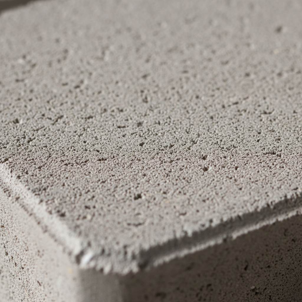 Zdjęcie makro, wykonane z bliska, pokazujące unikalną, porowatą i jednocześnie gładką fakturę kostki śrutowano-szczotkowanej Libet Decco Aspero. Światło subtelnie załamuje się na powierzchni, eksponując ziarna kruszywa i matowe wykończenie. Kolorystyka zdjęcia jest neutralna, skupiona na detalu i strukturze materiału.