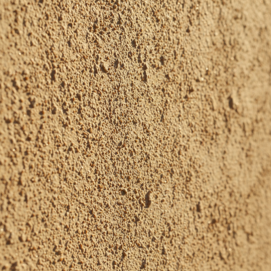 Makro ujęcie ściany pomalowanej farbą strukturalną z efektem piasku. Kadr jest oświetlony bocznym, naturalnym światłem słonecznym, które rzuca delikatne cienie i doskonale uwydatnia ziarnistą, trójwymiarową fakturę powierzchni w ciepłym, beżowym kolorze.