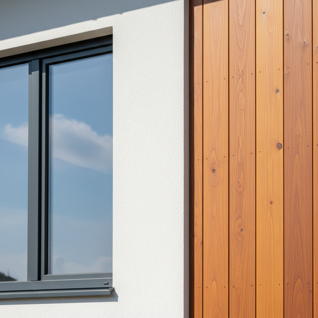Zbliżenie na fragment elewacji nowoczesnego domu, gdzie gładka, biała ściana tynkowa spotyka się z pionowymi panelami z ciepłego, egzotycznego drewna meranti. Obok widać fragment dużego okna w czarnej, aluminiowej ramie. Światło słoneczne delikatnie podkreśla bogaty rysunek słoi drewna i fakturę tynku.