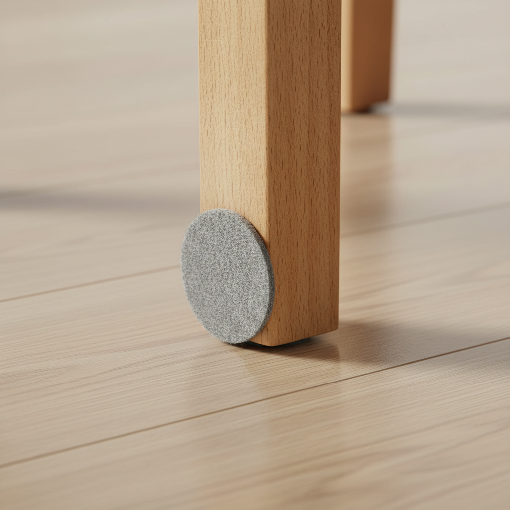 Zbliżenie na spód drewnianej nogi od krzesła, do której przymocowana jest okrągła, szara filcowa podkładka. Krzesło stoi na czystych, laminowanych panelach podłogowych o wzorze jasnego dębu. Ujęcie jest ciepłe i skupia się na tym małym, ale kluczowym detalu ochronnym.