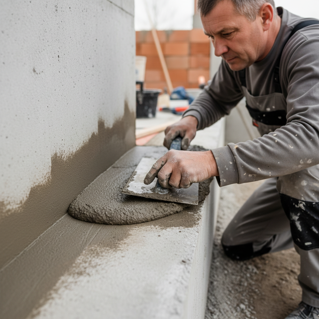 Zbliżenie na fachowca wykonującego fasetę na styku ławy fundamentowej i ściany przy użyciu pacy, z widocznym wcześniejszym zagruntowaniem powierzchni.