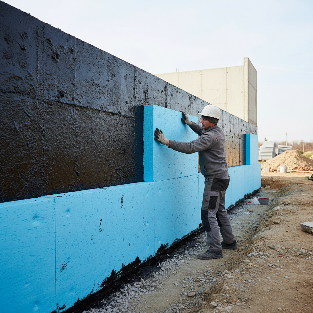 Ściana fundamentowa pokryta czarną, grubowarstwową powłoką bitumiczną, do której pracownik dociska płyty styropianowe (XPS) jako warstwę ochronną.