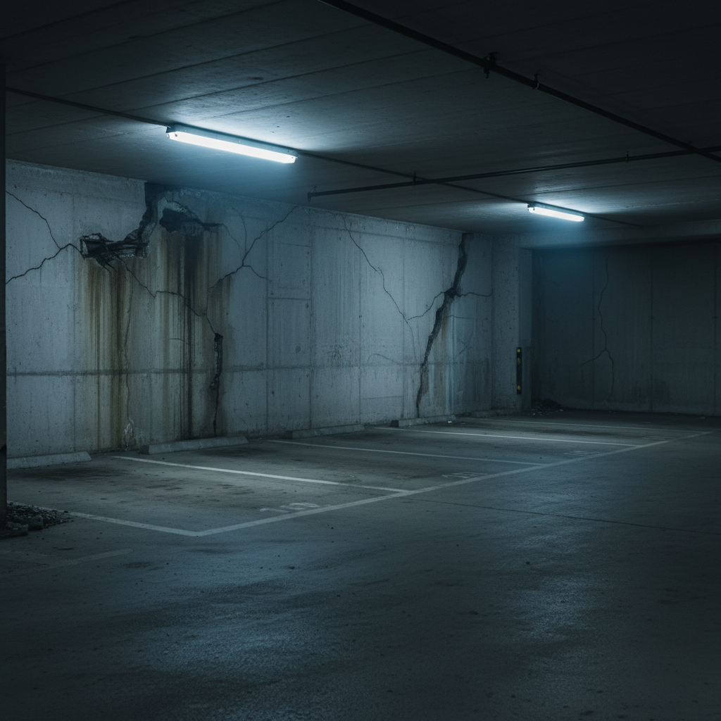 Słabo oświetlona, betonowa hala garażowa z widocznymi kilkoma pustymi miejscami postojowymi. Na ścianach widać zacieki i pęknięcia. Ogólna atmosfera zdjęcia jest chłodna i nieco przygnębiająca, symbolizując stagnację i problemy techniczne, których nie można było rozwiązać z powodu paraliżu decyzyjnego.