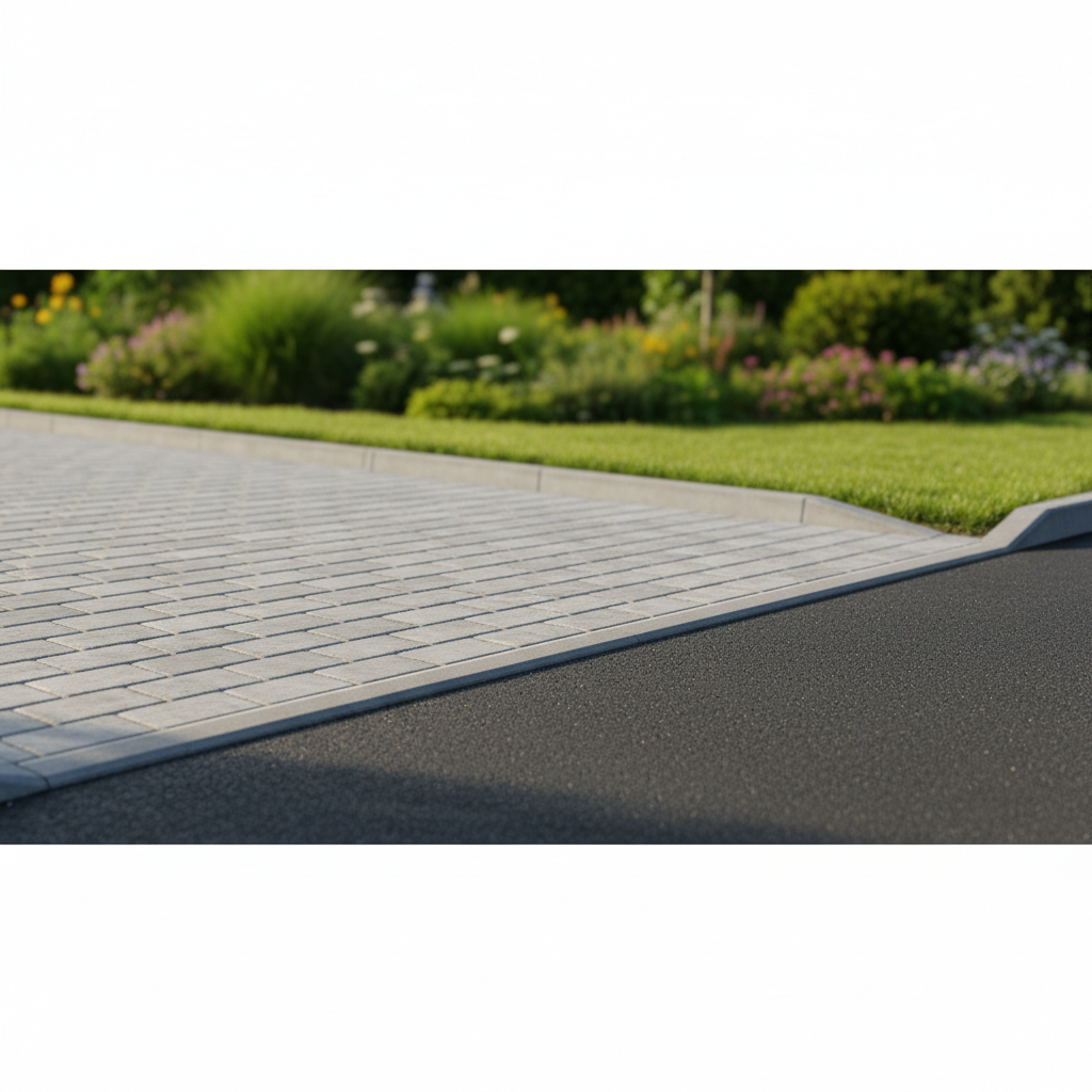 Zbliżenie na estetycznie wykonany zjazd z szarej kostki brukowej, który łączy się z czarnym asfaltem drogi publicznej. Widać starannie ułożone krawężniki i czystą linię połączenia. W tle rozmyta zieleń ogrodu, co sugeruje dbałość o szczegóły i jakość wykonania.