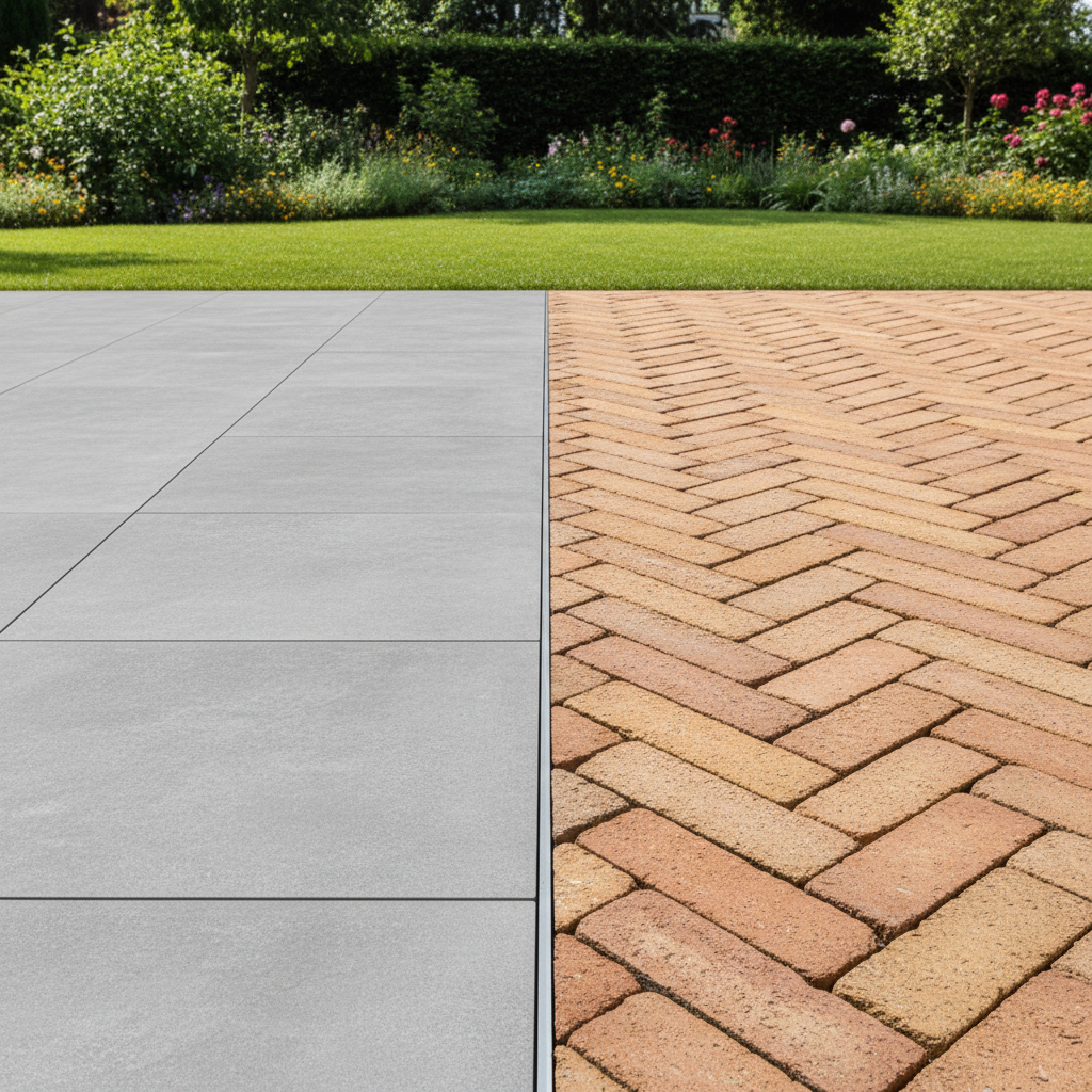 Stylowe zestawienie dwóch rodzajów płytek tarasowych. Po lewej stronie nowoczesne, wielkoformatowe płytki gresowe w odcieniu szarego betonu, po prawej klasyczne, ciepłe płytki klinkierowe w ceglastym kolorze. Płytki leżą na tle zielonego, zadbanego ogrodu w słoneczny dzień.